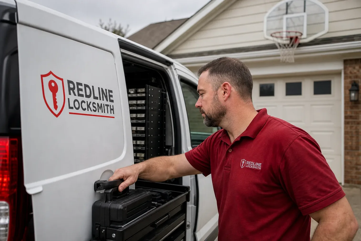 The Redline Locksmith service van, stocked for lockouts and key cutting in Apex